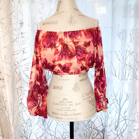For love & lemons red orange yellow wild rose floral off the shoulders crop top - Picture 5 of 10